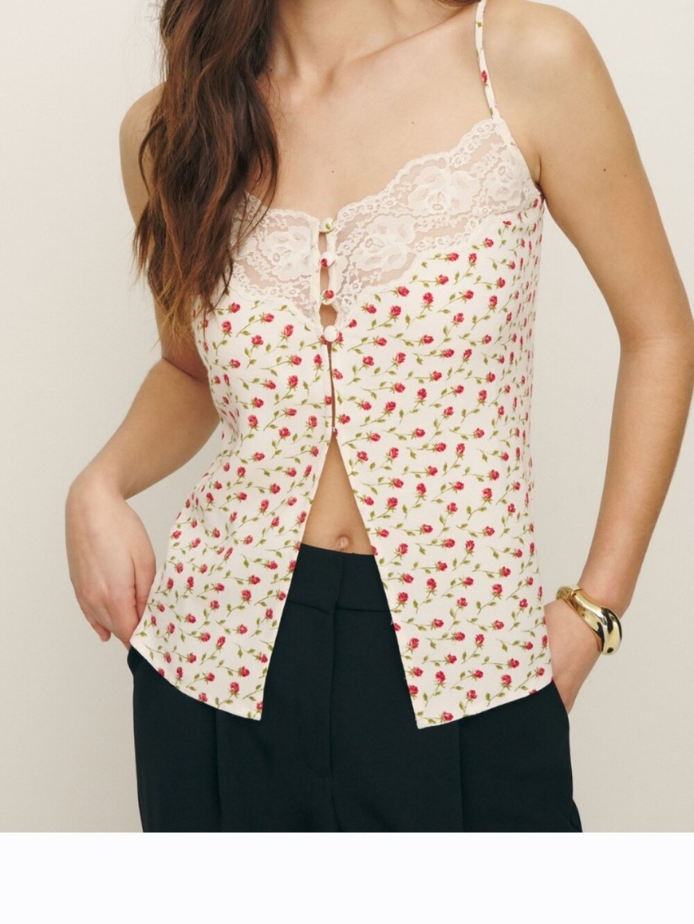 89. Floral Lace-Trim Cami Top in Cream with Pink Roses Size XL
